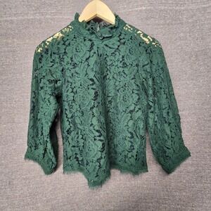 Zara B Collection Green Floral Lace Ruffle High Neck Blouse 5580/402/529 Small